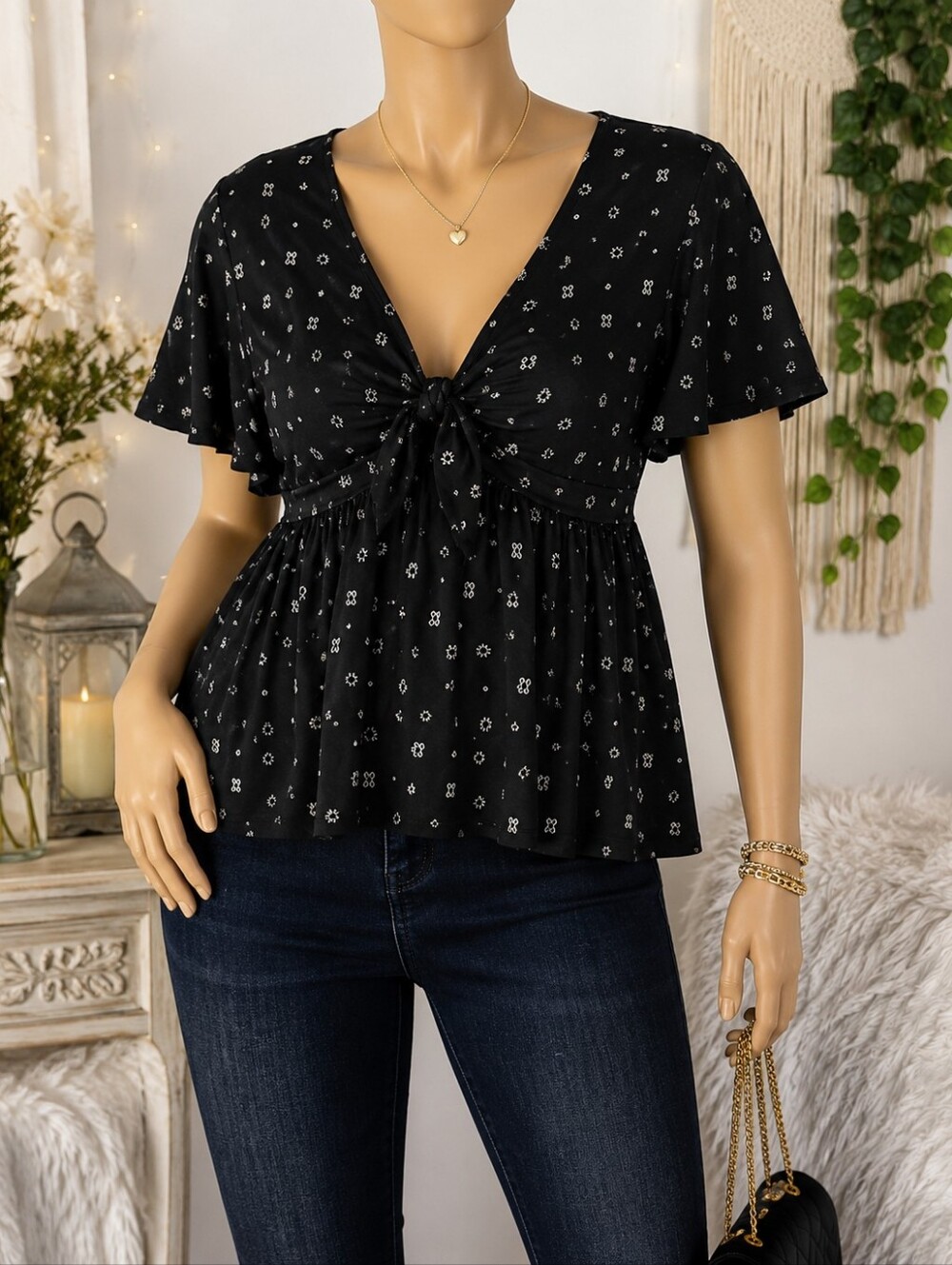 TORRID Black Printed Tie Front Flutter Sleeve Peplum Top Plus Size 3